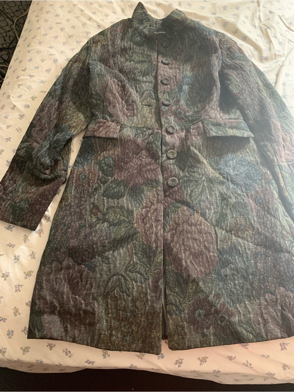 Express Women's Multicolor Floral Jacquard Blazer in Green and Brown Tones